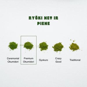 Matcha milteliai latte gėrimams: ryški spalva net ir piene. Palyginimas