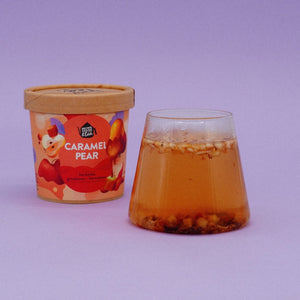 Atidaryta Caramel Pear arbatos pakuotė, vaizdas iš viršaus