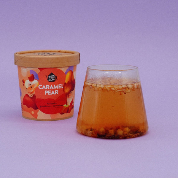 Atidaryta Caramel Pear arbatos pakuotė, vaizdas iš viršaus