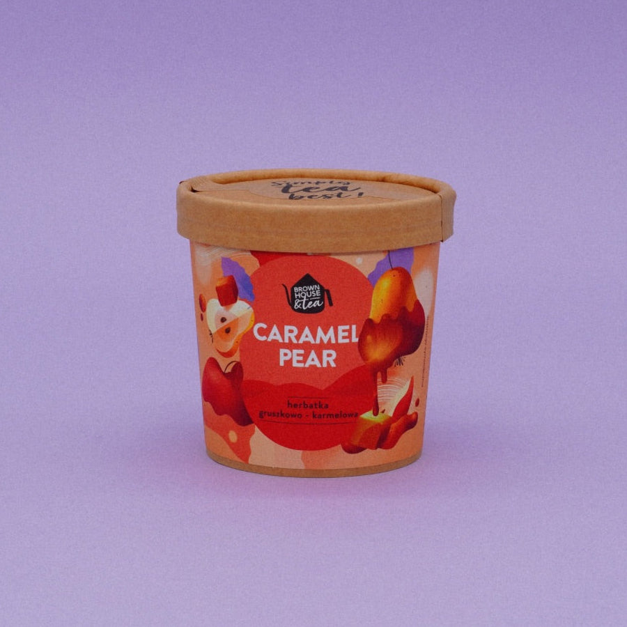 Caramel Pear vaisinės arbatos pakuotė iš šono