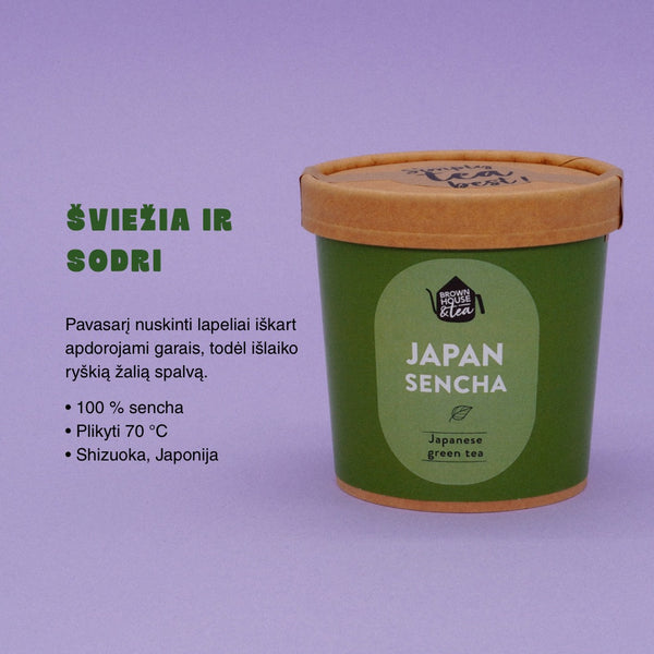 Japan Sencha etiketė su sudėtimi ir paruošimo instrukcija