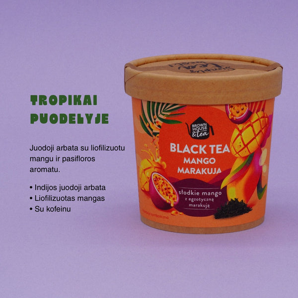 Atidaryta Mango Maracuja arbatos pakuotė, vaizdas iš viršaus